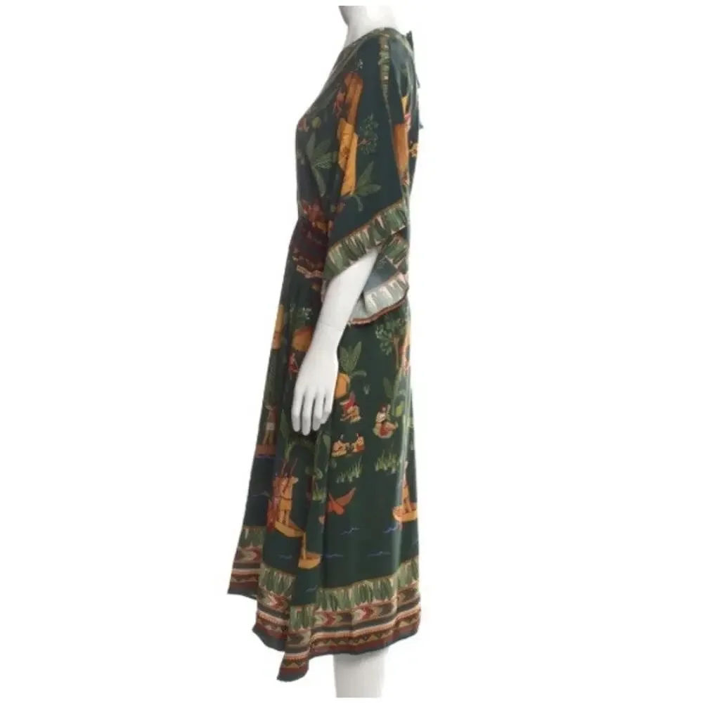 Farm‎ Rio Womens Dress Green Medium Yawanawa Indigenous Hut Print Rare Viscose - Picture 4 of 15